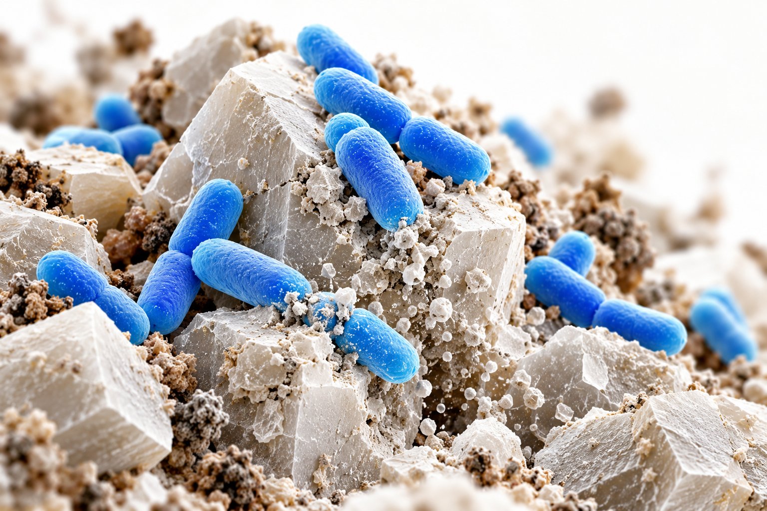 Toprak taneleri arasında mavi çubuk şeklinde Bacillus bakterileri